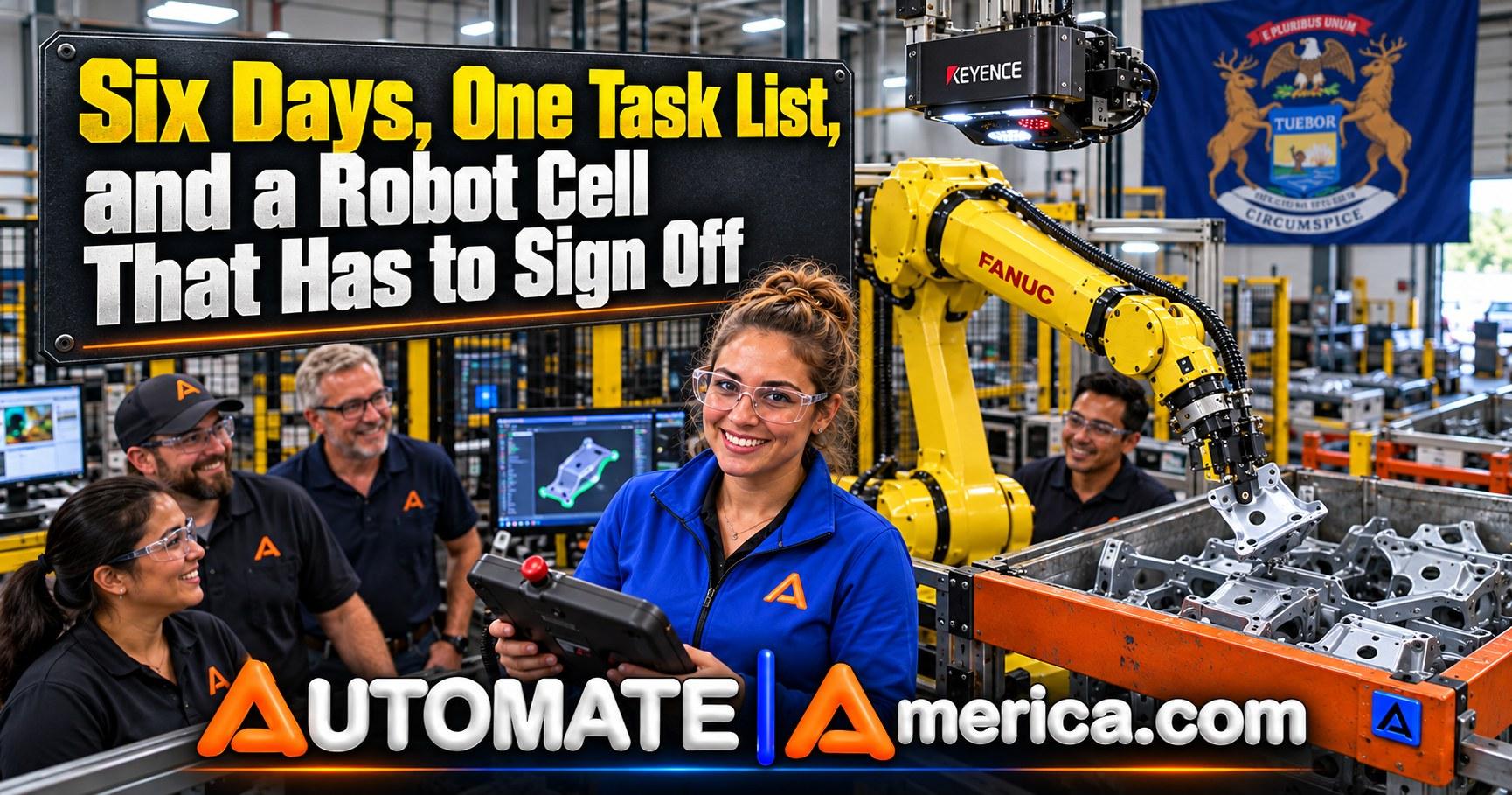 A smiling robot programmer in a blue jacket holds a teach pendant beside a yellow FANUC robot loading stamped parts into an orange rack, a Keyence camera overhead and the Michigan flag on the wall