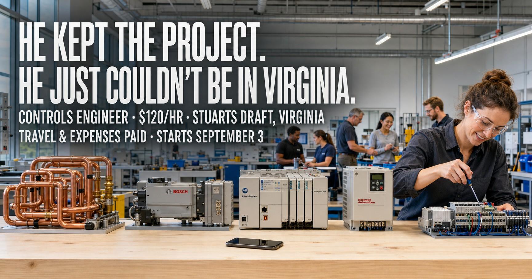 He kept the project. He just couldn't be in Virginia. Controls engineer at a workshop bench with Allen-Bradley CompactLogix, Bosch and Rockwell Automation hardware and bent copper tube assemblies, Stuarts Draft, Virginia